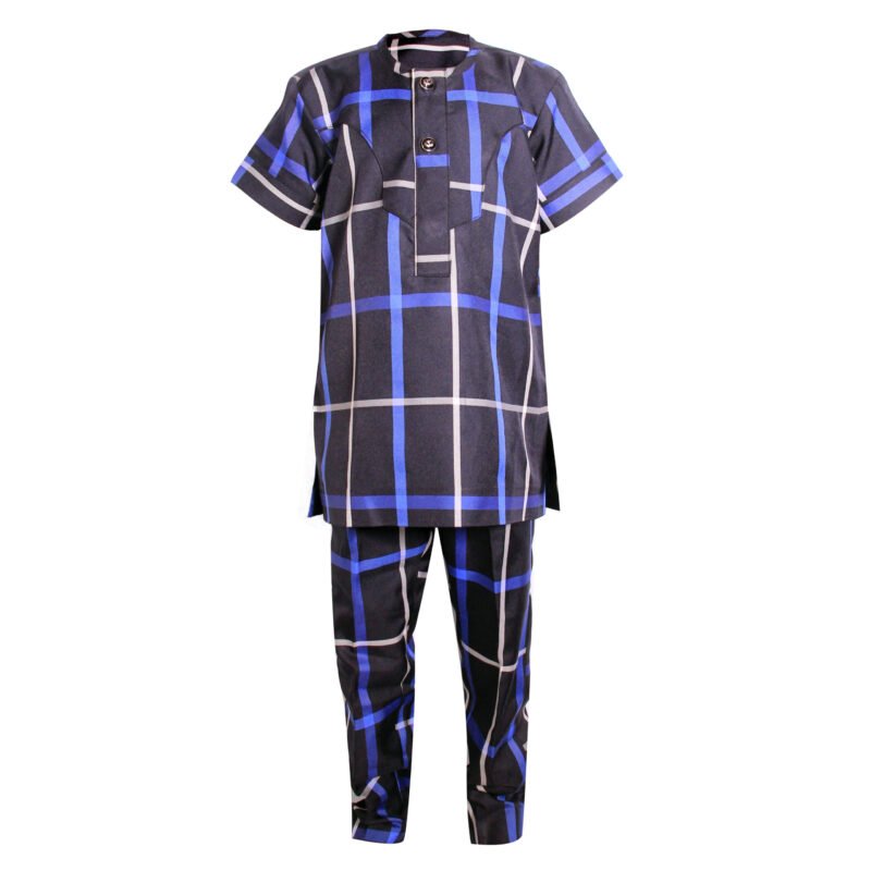 Native Plaid Kaftan Short Sleeve Shirt and Trousers - Black/Blue