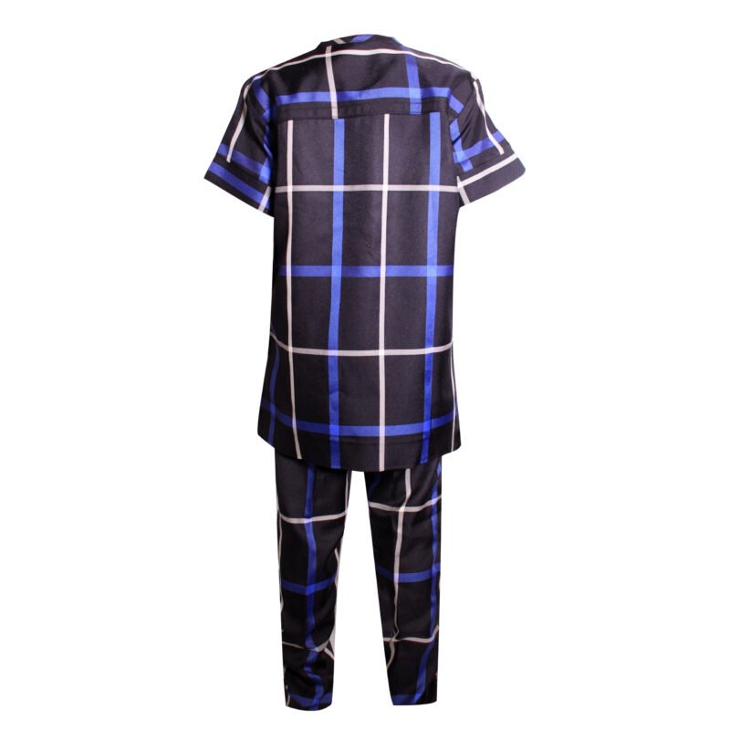 Native Plaid Kaftan Short Sleeve Shirt and Trousers - Black/Blue - Image 2