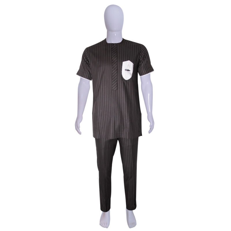 Native Striped Kaftan Short Sleeve Shirt and Trousers - Black/White