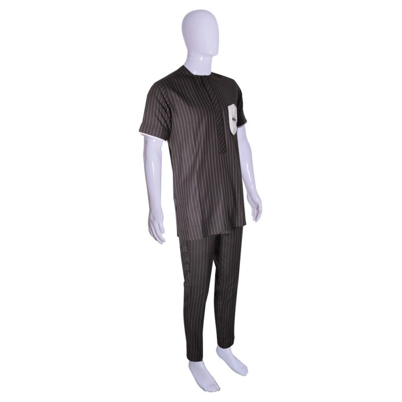 Native Striped Kaftan Short Sleeve Shirt and Trousers - Black/White - Image 2